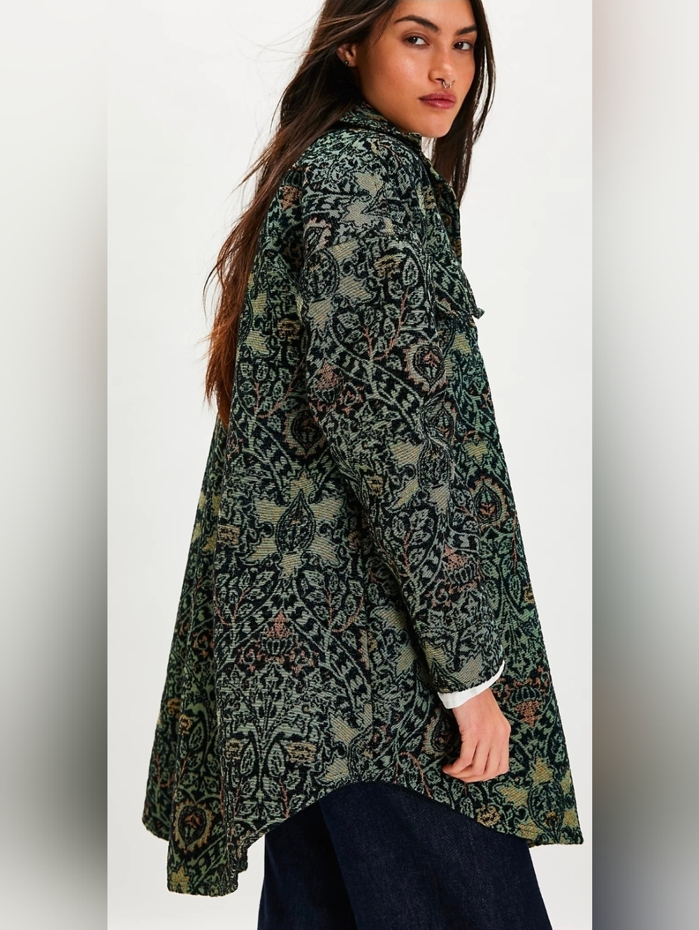 NWT We The Free Tapestry Fog Jacquard Shirt Green Patterned